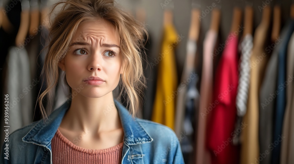 Attractive woman dressed casually looking with doubts aside while standing near hangers with clothes thinking what to dress on business meeting with companions Woman of fashion having : Generative AI Attractive woman dressed casually looking with doubts aside while standing near hangers with clothes thinking what to dress on business meeting with companions Woman of fashion having : Generative AI
