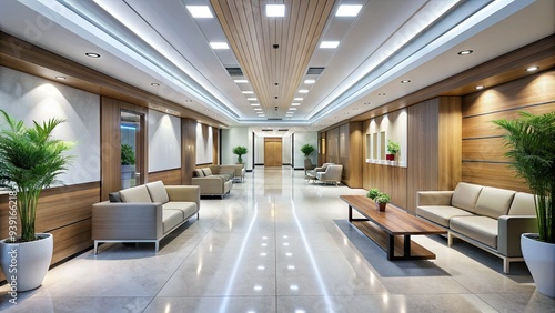 Modern hospital corridor with sleek floors, soft lighting, and comfortable seating area, featuring a large reception desk and rows of private exam rooms.