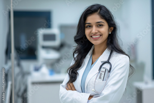 A woman in a white coat is smiling and posing for a picture