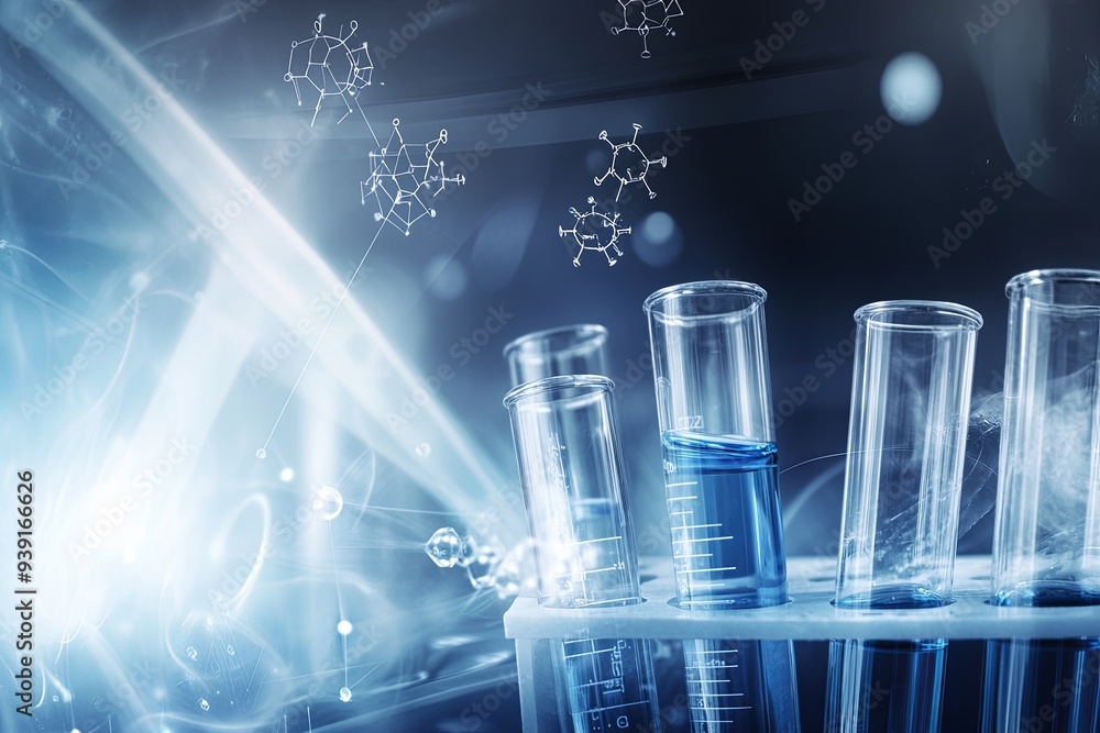 A close-up of several test tubes filled with blue liquid, with abstract scientific diagrams in the background. A close-up of several test tubes filled with blue liquid, with abstract scientific diagrams in the background.