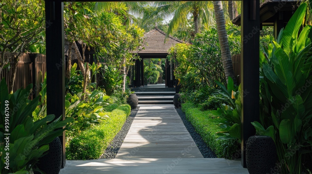 Villa entrance pathway lined with lush plant decorations, creating a calm and inviting atmosphere. Villa entrance pathway lined with lush plant decorations, creating a calm and inviting atmosphere.