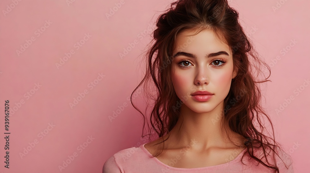 Indoor shot of beautiful female looks mysteriously aside has intriguing look asks to be quiet dressed in casual clothes stands against pink background with blank copy space for your ad : Generative AI Indoor shot of beautiful female looks mysteriously aside has intriguing look asks to be quiet dressed in casual clothes stands against pink background with blank copy space for your ad : Generative AI