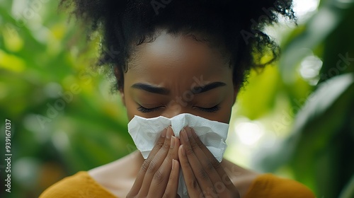 Portrait of sick African American woman sneezes in white tissue suffers from rhinitis and running nose has allergy on something looks unhealthy feels unwell Symptoms of cold or allergy : Generative AI