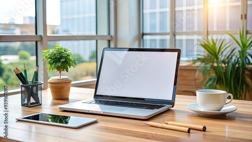Wallpaper Mural Modern laptop screen displaying a blank empty template on a wooden desk surrounded by office supplies and a cup of coffee in a bright studio. Torontodigital.ca