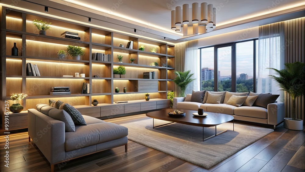Modern living room ambiance with soft glow of LED strip lights underneath sleek floating shelves, casting a warm and cozy atmosphere in the evening hours. Modern living room ambiance with soft glow of LED strip lights underneath sleek floating shelves, casting a warm and cozy atmosphere in the evening hours.