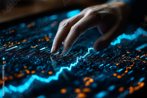 Businessman touching an upward trend line on a virtual chart
