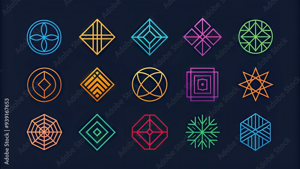 Modern minimalist line art logos featuring various abstract shapes and geometric patterns in bold colors and delicate lines, suitable for business and brand identities. Modern minimalist line art logos featuring various abstract shapes and geometric patterns in bold colors and delicate lines, suitable for business and brand identities.