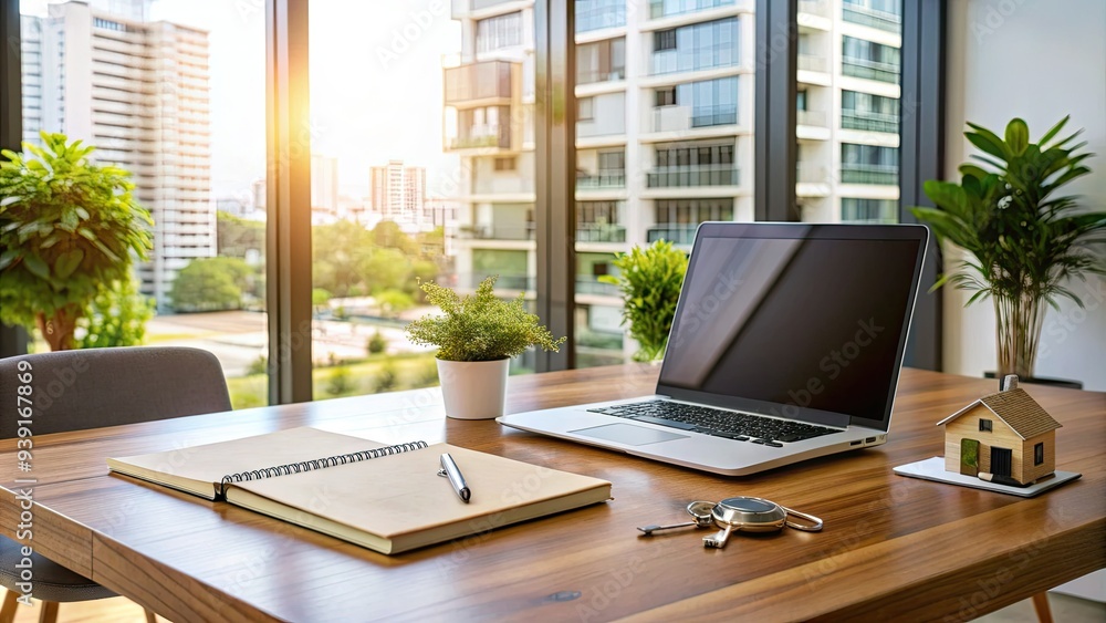 Modern office desk with open laptop, real estate documents, and keys, showcasing property registration and ownership transfer process in a professional setting. Modern office desk with open laptop, real estate documents, and keys, showcasing property registration and ownership transfer process in a professional setting.