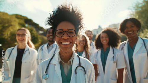 A group of smiling doctors wearing white coats