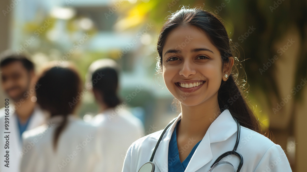 A woman in a white coat with a stethoscope is smiling A woman in a white coat with a stethoscope is smiling