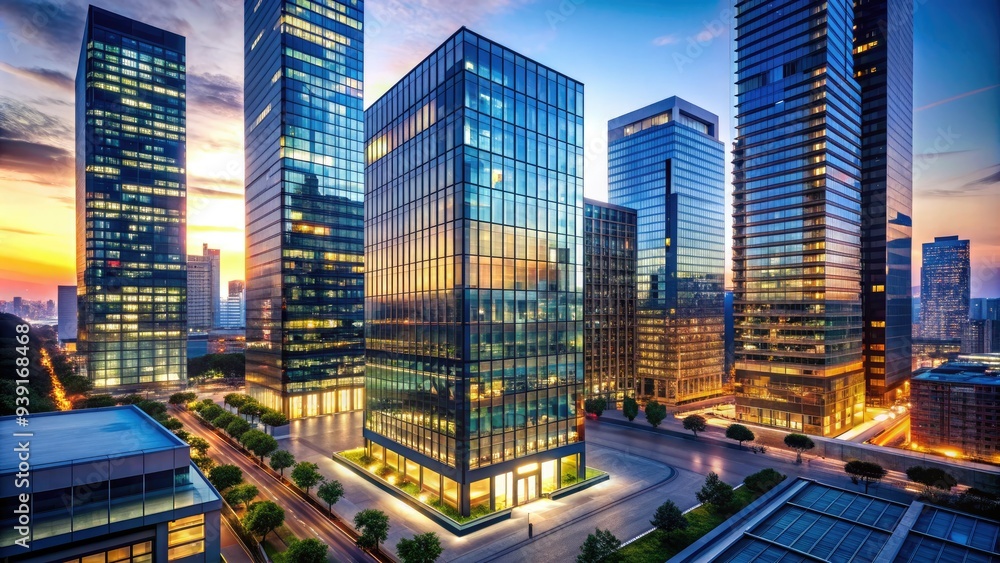 Obraz premium Modern skyscraper exterior with sleek glass facade and vibrant LED lights illuminating the cityscape at dusk, casting a warm glow on the urban landscape.