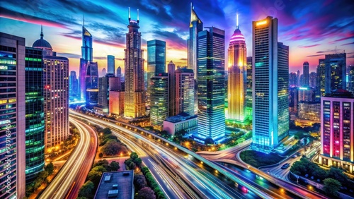 modern skyscrapers, bustling streets, and colorful neon lights illuminate the urban landscape, radiating energy and sophistication.