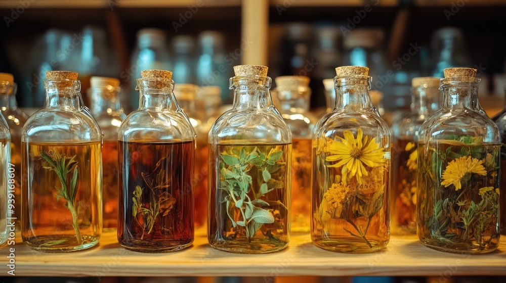 A collection of herbal oils in glass bottles that reflects A collection of herbal oils in glass bottles that reflects
