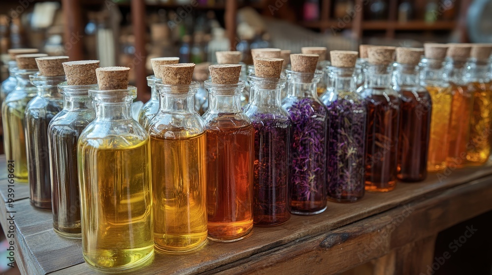 A collection of herbal oils in glass bottles that reflects