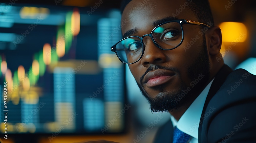 Professional male economist searches needed information on portable computer happy to recieve high net profit spends important banking operation Black male trader analyzes financial ma : Generative AI Professional male economist searches needed information on portable computer happy to recieve high net profit spends important banking operation Black male trader analyzes financial ma : Generative AI
