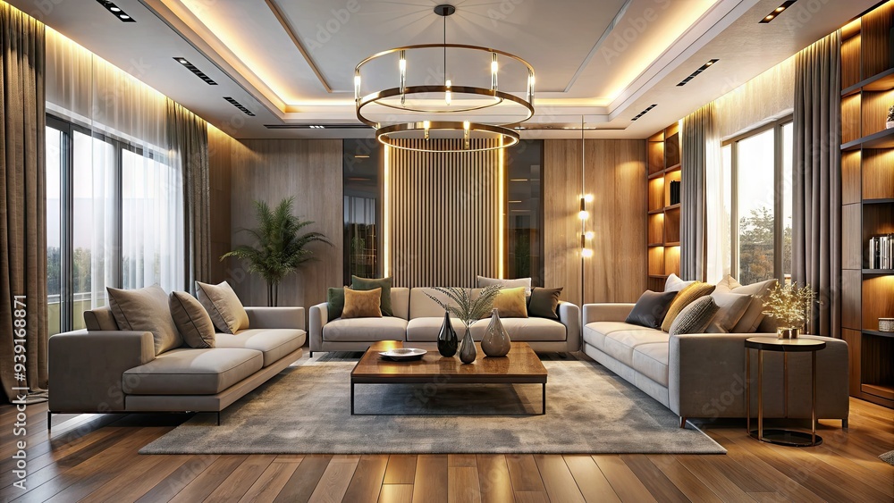 Modern stylish living room interior with sleek lines, minimalist decor, and sophisticated ceiling lighting fixtures emitting warm soft glow, creating cozy ambiance. Modern stylish living room interior with sleek lines, minimalist decor, and sophisticated ceiling lighting fixtures emitting warm soft glow, creating cozy ambiance.