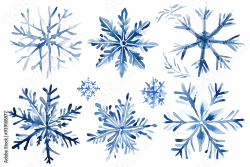 Snowflakes watercolor Illustration collection isolated on white background