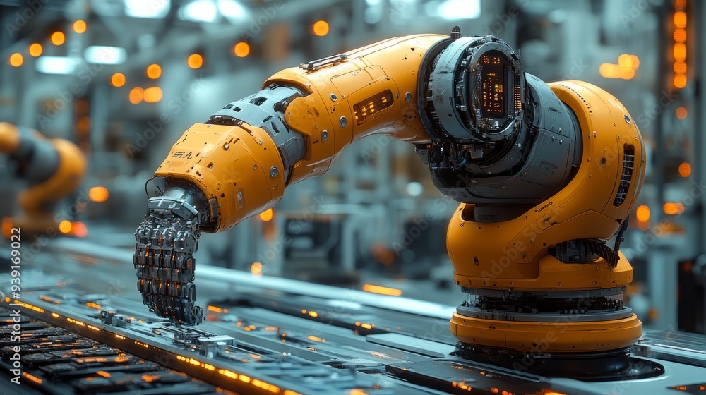 Robotic arm in a high-tech factory setting, performing automated tasks, modern industrial environment Robotic arm in a high-tech factory setting, performing automated tasks, modern industrial environment