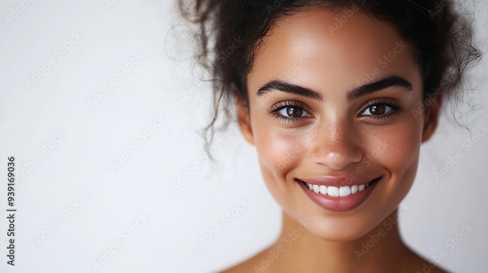 Portrait of cheerful beautiful woman with trendy hairdo having dark charming eyes and engaging smile posing in studio over white background People happiness emotions and lifestyle conc : Generative AI Portrait of cheerful beautiful woman with trendy hairdo having dark charming eyes and engaging smile posing in studio over white background People happiness emotions and lifestyle conc : Generative AI