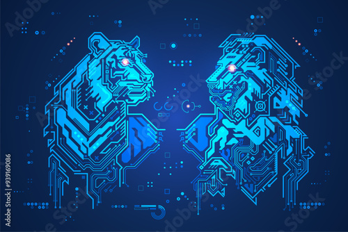 futuristic digital lion versus technological tiger, shape of lion and tiger head combined with electronic board, concept of powerful technology confrontation