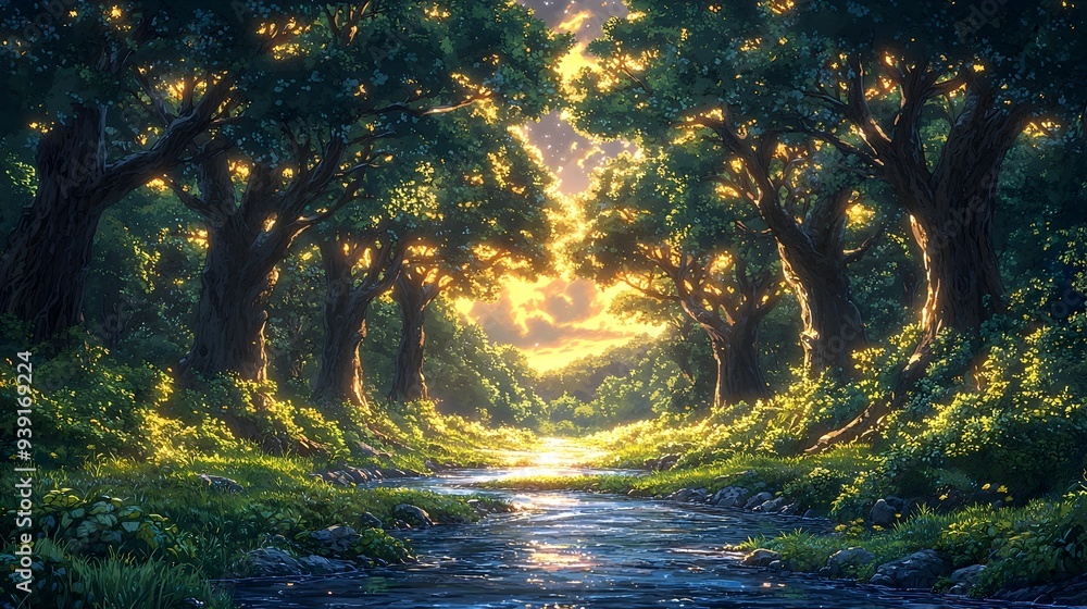 Obraz premium Enchanting Woodland Pathway with Flowing Stream in Lush Green Forest Landscape