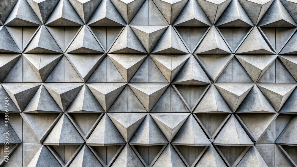 Modern urban architectural element featuring a geometric pattern of interlocking grey concrete triangles forming a textured, symmetrical, and visually striking facade detail. Modern urban architectural element featuring a geometric pattern of interlocking grey concrete triangles forming a textured, symmetrical, and visually striking facade detail.