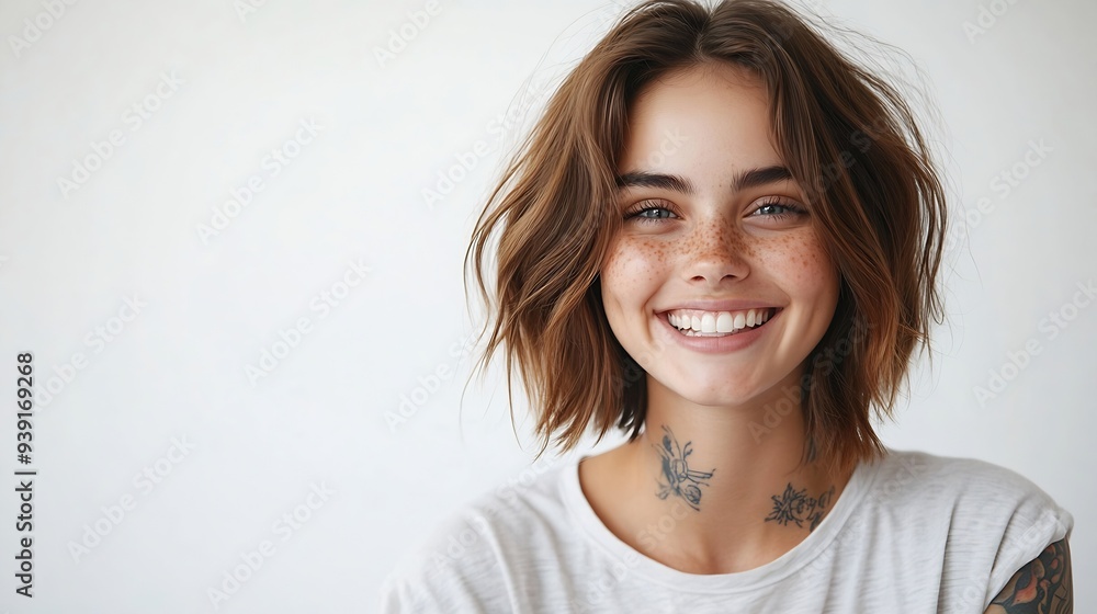 Happy European female laughs joyfully shows white teeth has bobbed hairstyle dressed in casual t shirt has tattoo isolated over white background recieves pleasant compliment Emotions : Generative AI Happy European female laughs joyfully shows white teeth has bobbed hairstyle dressed in casual t shirt has tattoo isolated over white background recieves pleasant compliment Emotions : Generative AI