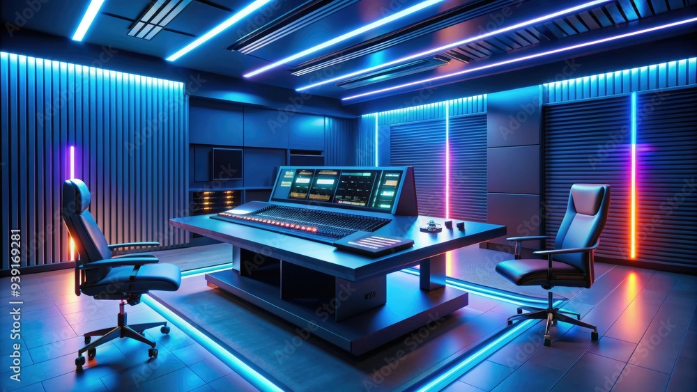 Fototapeta premium Modern virtual studio setup with futuristic equipment, LED lights, and sleek console, surrounded by empty space, ready for digital music production or podcast recording.