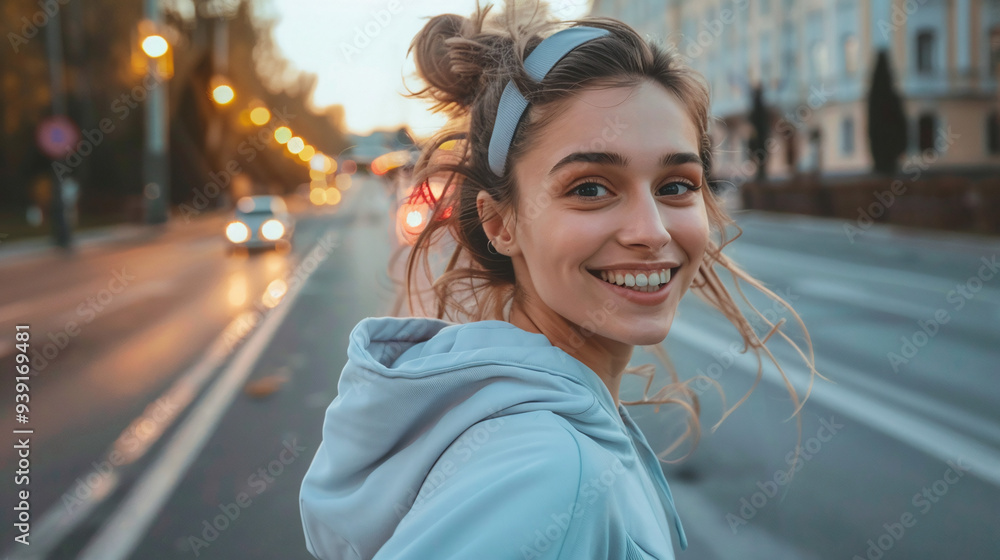 Smiling athletic woman jogging early in the morning along a city street Smiling athletic woman jogging early in the morning along a city street