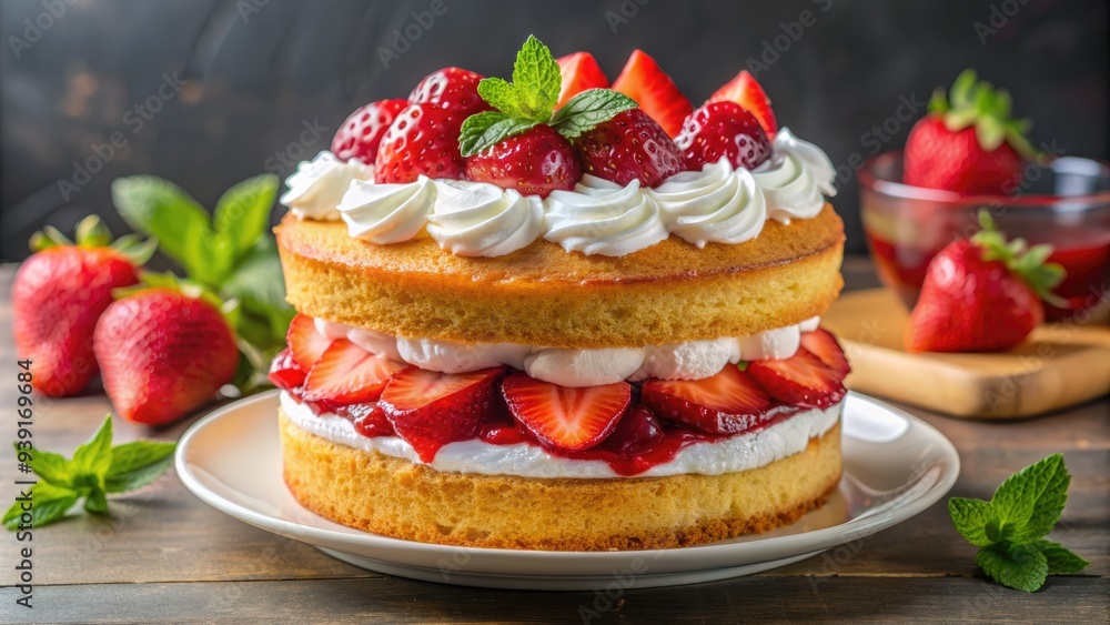 Moist vanilla cake layered with sweet strawberry compote and topped with a fluffy swirl of creamy whipped cream, garnished with fresh sliced strawberries. Moist vanilla cake layered with sweet strawberry compote and topped with a fluffy swirl of creamy whipped cream, garnished with fresh sliced strawberries.