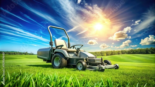 Modern zero-turn lawn mower with a sleek design and innovative features cuts grass efficiently on a lush green lawn with a sunny blue sky background.