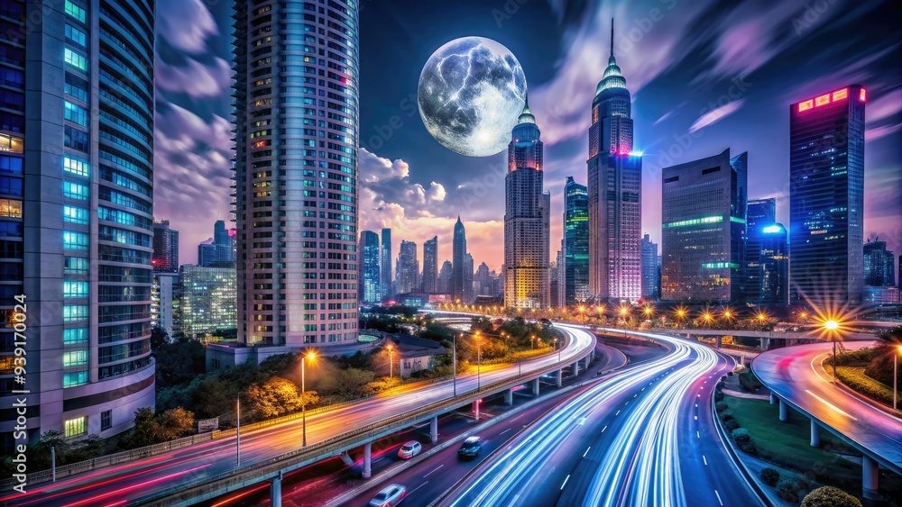 Fototapeta premium Moonlit urban landscape featuring sleek skyscrapers, vibrant neon lights, and busy streets with speeding cars, capturing the city's energetic and mysterious nighttime atmosphere.