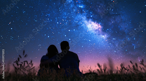 Silhouette of a loving couple sitting in a field at night against the background of a beautiful starry sky