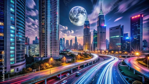 Wallpaper Mural Moonlit urban landscape featuring sleek skyscrapers, vibrant neon lights, and busy streets with speeding cars, capturing the city's energetic and mysterious nighttime atmosphere. Torontodigital.ca