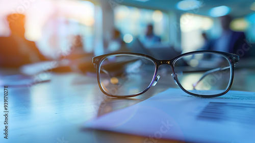 Glasses lie on table in office against background of colleagues meeting