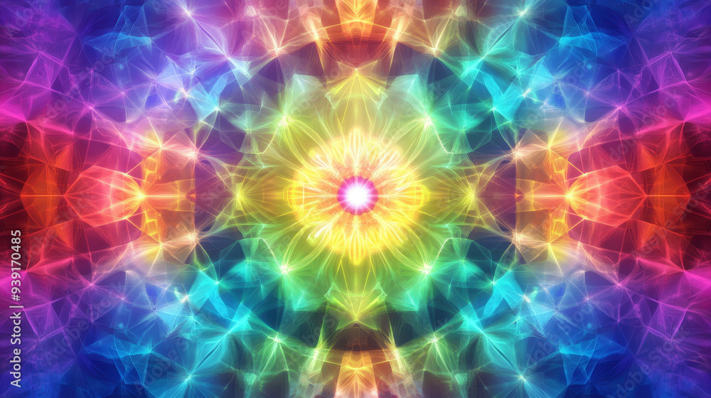 Abstract, colorful background with sacred geometry and a mandala pattern. The central point of the kaleidoscope is illuminated Abstract, colorful background with sacred geometry and a mandala pattern. The central point of the kaleidoscope is illuminated