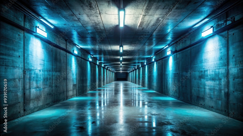 Mysterious dark ambianceprevails in a deserted concrete underground tunnel, illuminated only by faint blue fluorescent lights, casting eerie shadows on the cold, grey walls. Mysterious dark ambianceprevails in a deserted concrete underground tunnel, illuminated only by faint blue fluorescent lights, casting eerie shadows on the cold, grey walls.