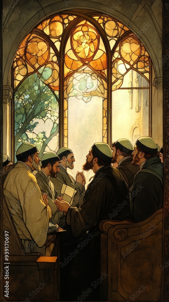 Naklejka premium Kippah Yarmulke Synagogue Gathering Judaism Religion Spiritual Symbol