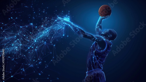 Abstract basketball player hands shooting basketball form lines and triangles, point connecting network on blue background