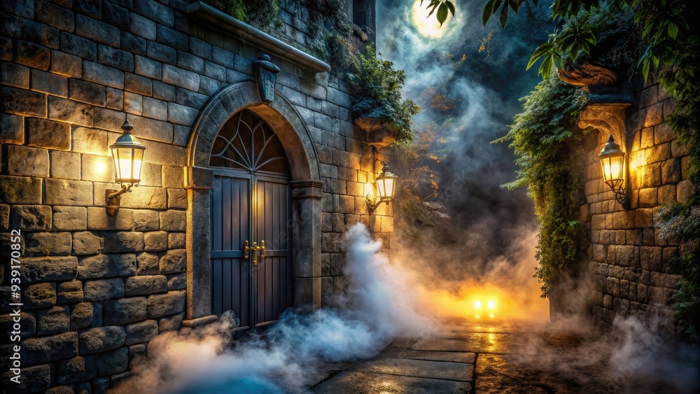Mysterious fog swirls around a dimly lit antique entrance, surrounded by old stone walls, with wispy tendrils of smoke curling up into the night air. Mysterious fog swirls around a dimly lit antique entrance, surrounded by old stone walls, with wispy tendrils of smoke curling up into the night air.