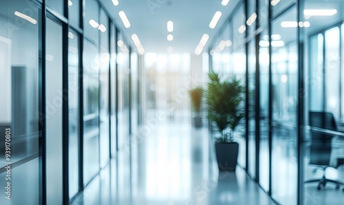 Abstract Blurred Background of a Modern Office Hallway with Glass Walls and a Plant.