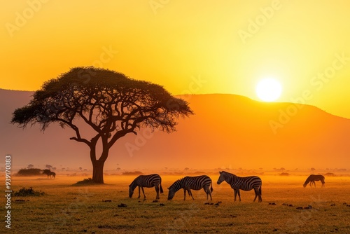 A picturesque scene of zebras grazing at sunrise with an iconic Acacia tree in the background, capturing the essence of the African savanna and its majestic wildlife.
