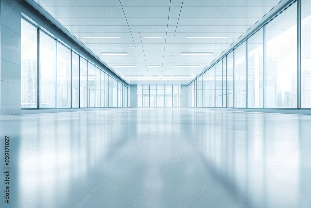 Empty office hallway with large windows overlooking a city. Empty office hallway with large windows overlooking a city.