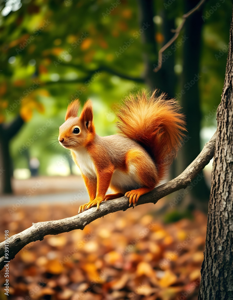 Obraz premium A red squirrel is sitting on a tree branch
