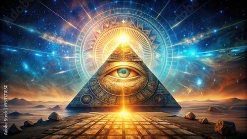 Mysterious pyramid with all-seeing eye shines brightly, surrounded by cryptic symbols and subtle hints of power, conveying secrecy and ancient wisdom.