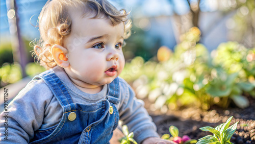 Wallpaper Mural Small Child with Curly Blond Hair in Gray Sweater and Blue Denim Overalls, Outdoors with Greenery and Blurry Background Torontodigital.ca