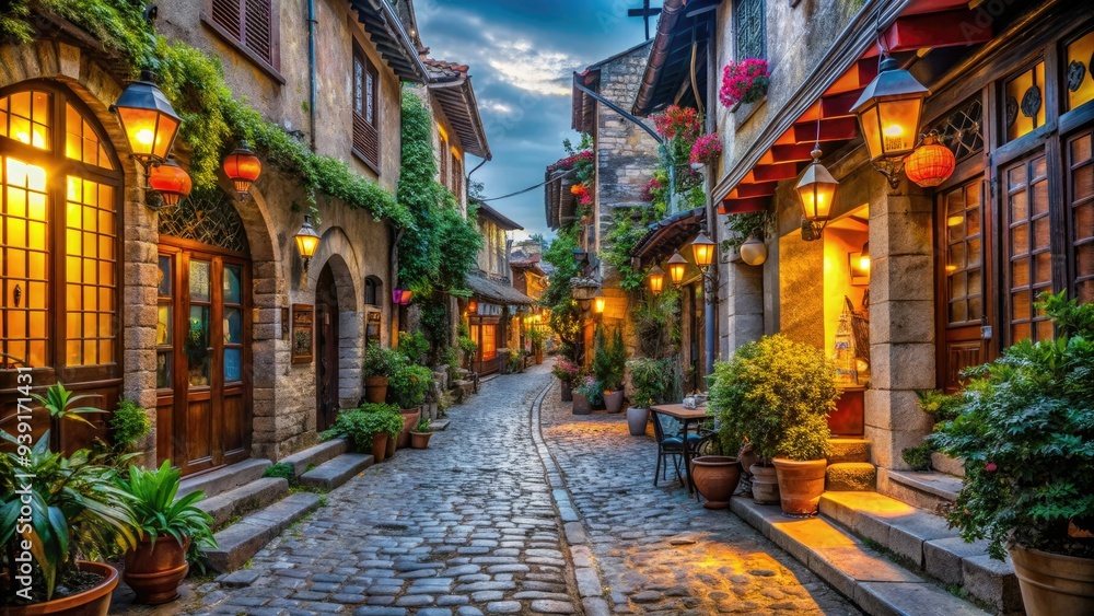 Obraz premium Narrow, winding cobblestone street lined with ancient buildings, ornate lanterns, and charming shops, evoking a sense of history and nostalgia in a quaint old city.