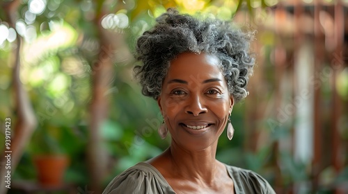 A smiling woman with curly gray hair stands in a lush, green environment, exuding warmth and positivity.