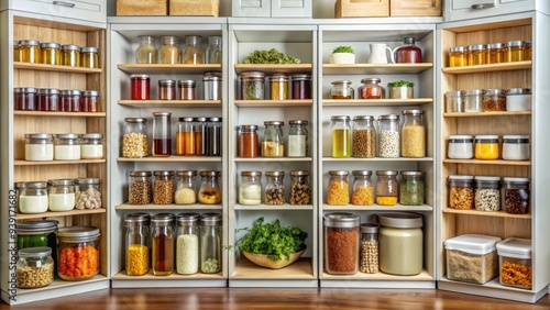 Wallpaper Mural Neatly arranged kitchen storage with labeled containers, alphabetized spices, and stacked dishes on shelves, showcasing a tidy and functional organized cupboard interior. Torontodigital.ca