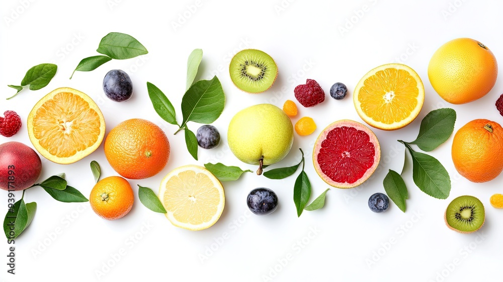 A fresh and vibrant composition of various fruits with leaves, isolated on a white background, perfect for clean and modern designs. A fresh and vibrant composition of various fruits with leaves, isolated on a white background, perfect for clean and modern designs.
